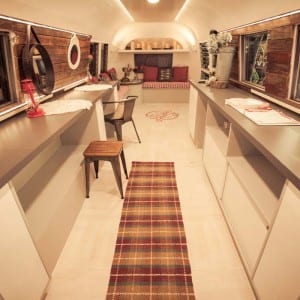 The interior of the Airstream trailer at Fresh Air Farm. This trailer functions as a bridal suite for bride's on their wedding day.